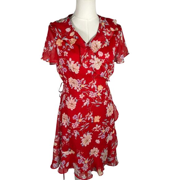 Lush Red Floral Wrap Dress Women's Medium Short Sleeve Ruffle Chiffon Lined - Picture 1 of 15
